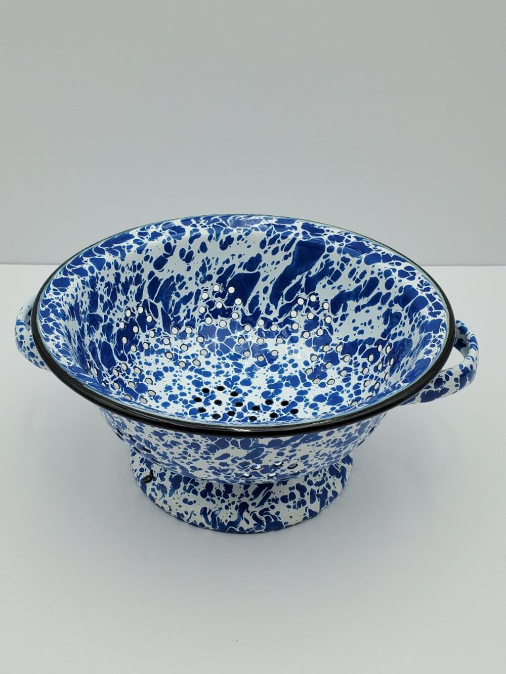 Blue & White Spatterware Enamelware Pedestal Berry Colander